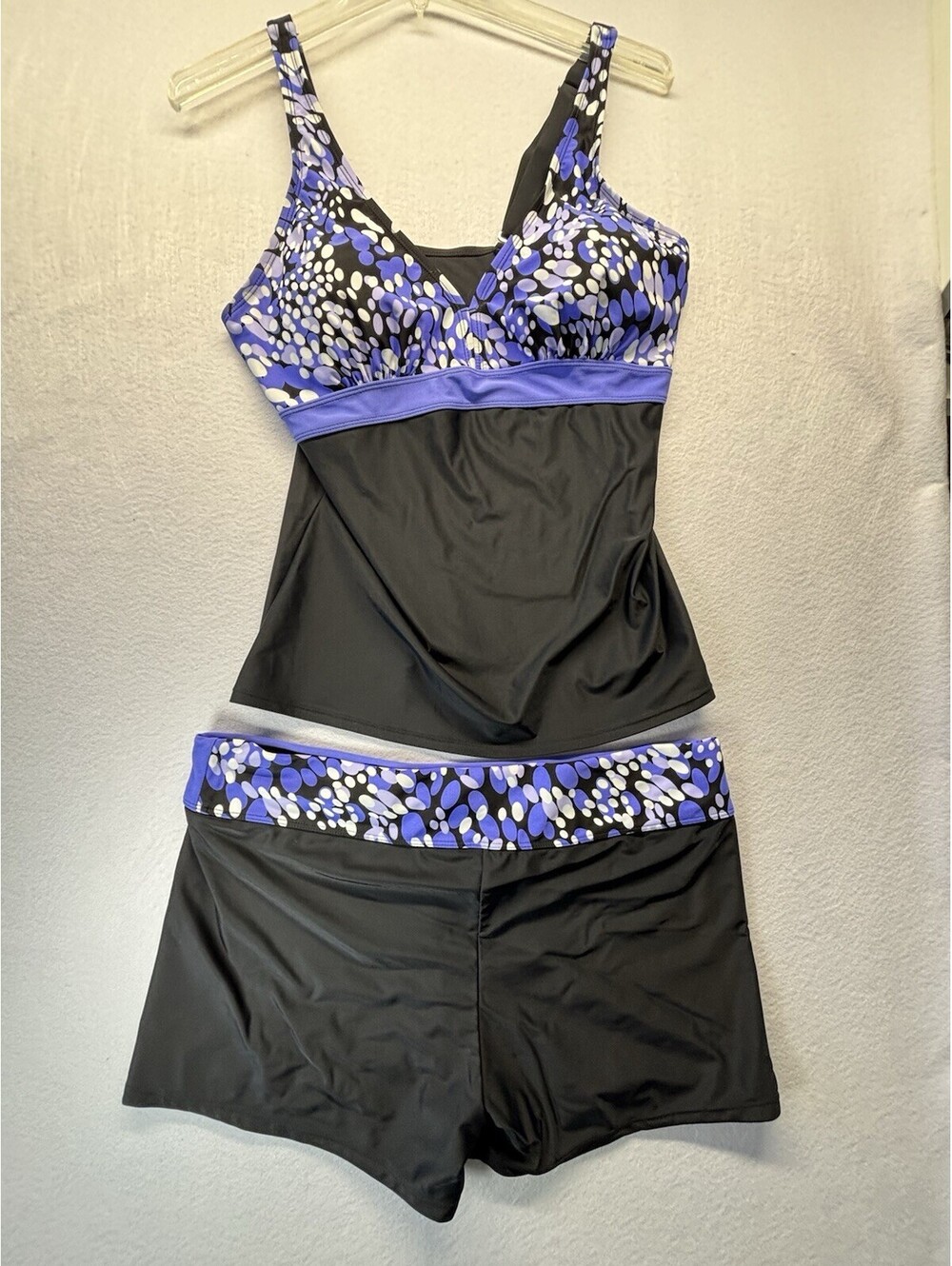 Women’s Tankini Swimsuit Set Black Purple Blue Polka Dot Swim Dress Shorts XL - Picture 1 of 10
